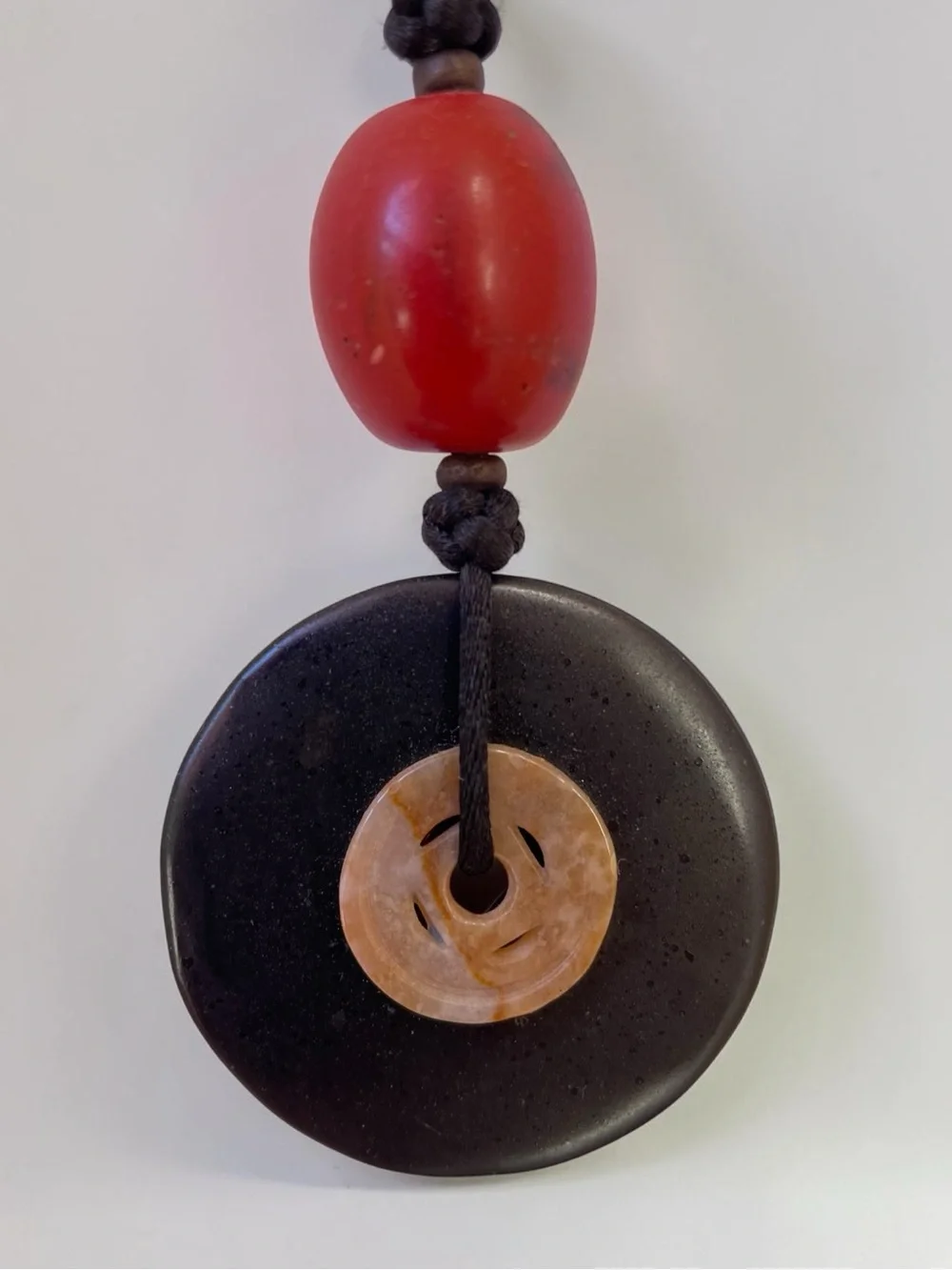 Asian Chinese Coin Donut Medallion Pendant Cord Necklace